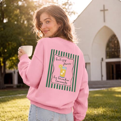 BINTEHGS Christian Sweatshirts For Women My Jesus Making Lemonade Graphic Faith Crewneck Pullover Religious Long Sleeve Shirt - color: Pink, size: Small