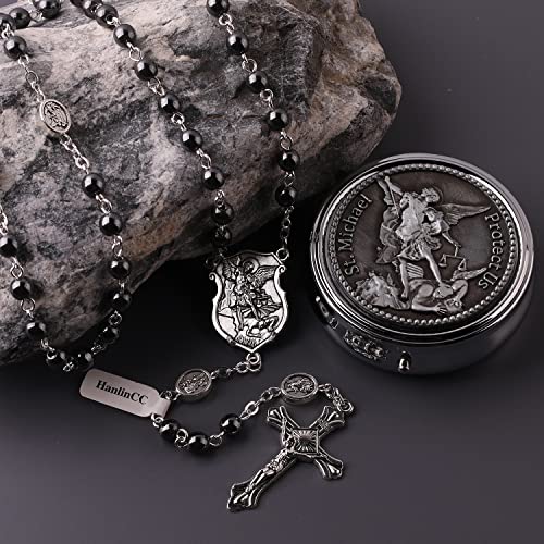 HanlinCC Catholic Rosary Saint Michael Hematite Bead Necklace with Gift Box