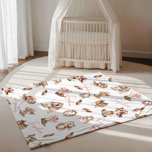 Personalized Cowgirl Name Floral Girl Blanet, Rustic Barn Cowgirl Pattern Design, Custom Name Toddler Kids Throw Blanket, Farm Nursery Decor, Baby Girl Gift - color: Cowgirl Name Floral Girl Blanet