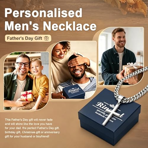 Ringcal Cross Necklace for Men with Gift Box,Silver Gold Stainless Steel Cross Pendant Necklace Mens Crucifix Chain Necklace - color: Silver, size: 18inch