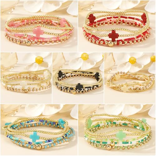 Gold Beaded Bracelets Stack for Women Stackable 14K Gold Plated Beads Ball Cross Bracelet Boho Christian Jewelry Faith Friendship Birthday Gifts for Women - color: Red