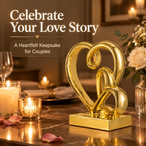 Anniversary Wedding Couples Gift Gold Hearts Resin Statue Decor - color: Gold