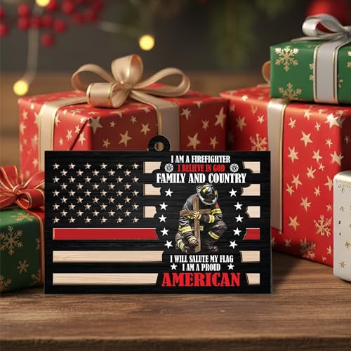 American Flag Firefighter Ornament 2025-2 Layer Wooden Firefighter Ornaments for Christmas Tree - Firefighters Christmas Hanging Decor - Firefighter Gifts for Men Woman Christian - Fireman Ornament