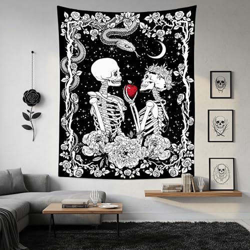 Accnicc Skeleton Lovers Tapestry Gothic Skull Vertical Tapestries Wall Hanging Black and White Floral Plant Snake Horror Large Tapestry for Bedroom Living Room Dorm 80 x 60 inch - color: Black, size: 80"L x 60"W