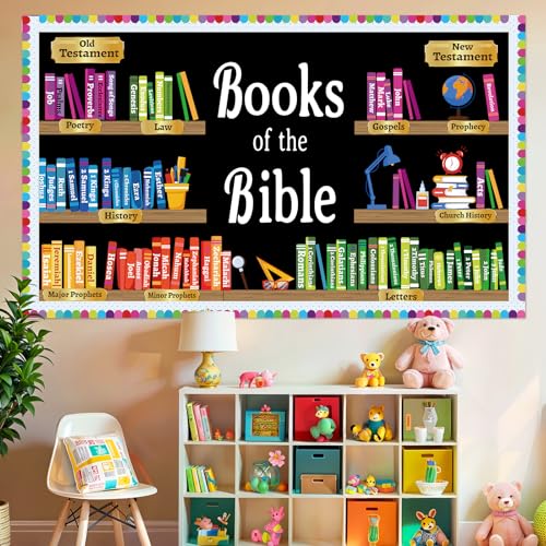 ojustbeok Books of the Bible Learning Bulletin Board Set Faith Religious Christian Back to School Classroom Bulletin Board Bible Learning Bookshelf Cutouts for Home Sunday School Wall Chalkboard Decor - style: Books of the Bible