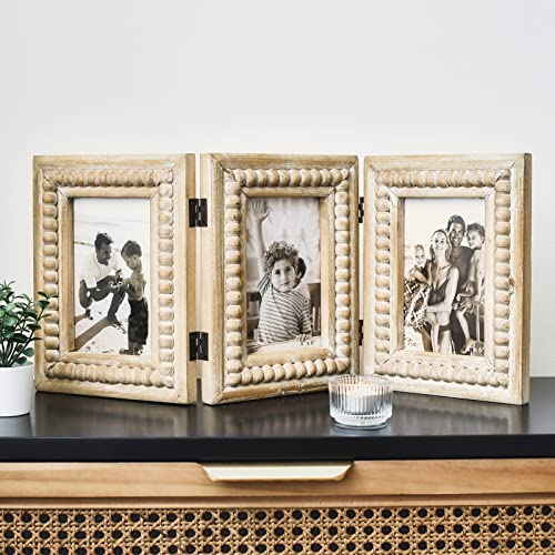 Rustic Distressed 3 Photos Folding Picture Frame Collage with Decorative Wood Beads, 3 Picture Frames 4x6 for Table or Wall Hanging, Farmhouse Gift Idea for Family and Friends - color: Natural, size: 3 Folding 4x6