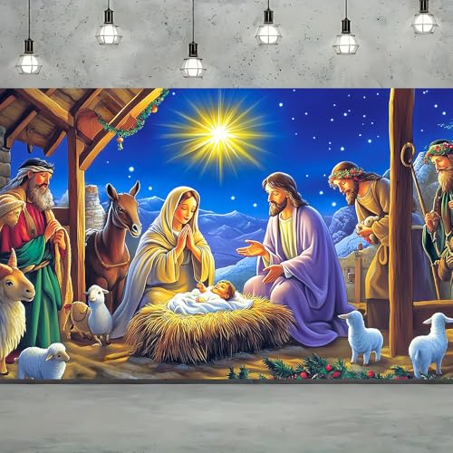 Nativity Backdrop 71x43 Christmas Manger Scene Banner for Church - color: ColorfulA33, size: 70.8 x 43.3 Inch