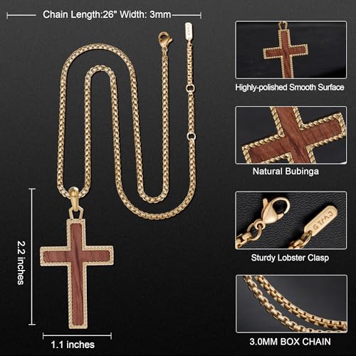 Wooden Cross Necklace for Men With Stainless steel And Black Ebony Adjustable Box Chain 24–26 inches Suitable for Everyday Wear And Christian Gifts for Men - color: Gold-B