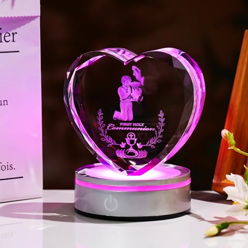 Qianwei First Communion Gifts for Boys, 3D Engraving Crystal Praying Boy John Figurine First Communion Veil Decoration, Baptism Gifts for Boy Catholic - color: Communion-boy-heart