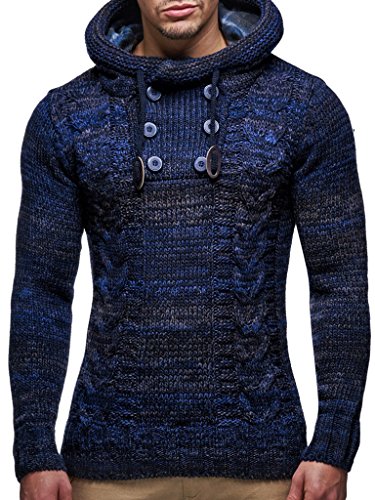 Leif Nelson Men's Knitted Sweater - Slim Pullover Sweaters for Men with Hoodie - color: Dark Blue, size: Small
