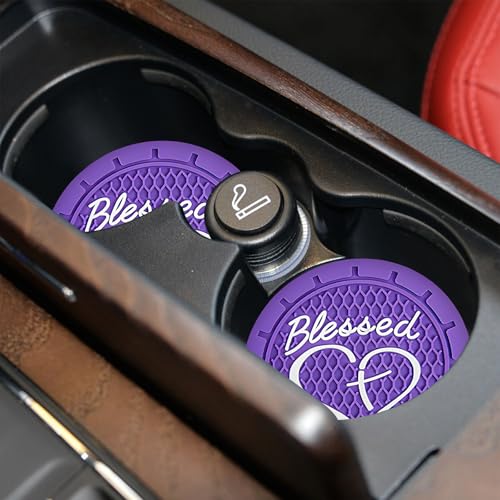 2PCS Car Cup Holder Coaster, 2.76 Inch PVC Anti Slip Car Cup Insert Coaster with Blessed Cross and Heart, Shockproof Dustproof Drink Mat Universal for Most Vehicles Interior (Dark Purple) - color: Dark Purple