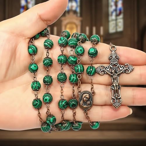 Nazareth Store Natural Stone Beads 8mm Rosary Necklace Antique Copper Design Holy Soil Medal & Cross in Velvet Bag - Catholic Rosaries Terra Santa Jerusalem Collection - color: Malachite