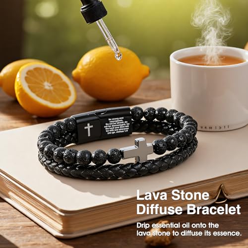 Mens Lava Stone Cross Christian Bracelet, Inspirational Bible Verse Bracelet, Black Leather Bracelet - Men Jewelry Gift for Dad, Husband, Son, Boyfriend & Friends on Birthdays, Anniversaries, Valentine's Day, Easter & Christmas - color: Joshua 1:9