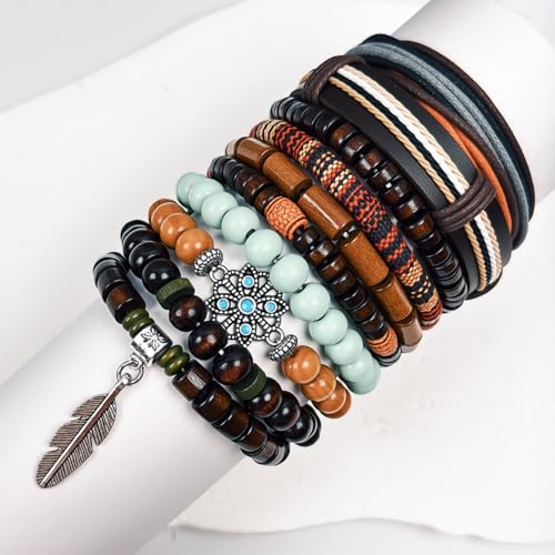 Punk Braided Leather Bracelets for Men Women Tribal Wrap Wristband - color: Brown Feather