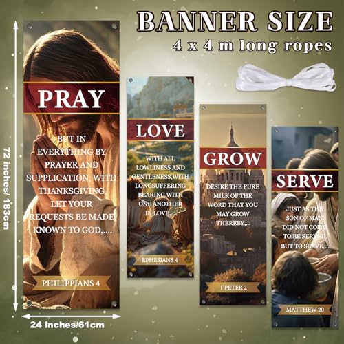 4Pcs Spring Church Banners for Sanctuary Wall Welcome Religious Banner Hanging Backdrop Yellow Serve Grow Love Pray Signs Bible Verses Scripture Church Hanging Signs for Sunday School Decor - style: Serve Grow Love Pray