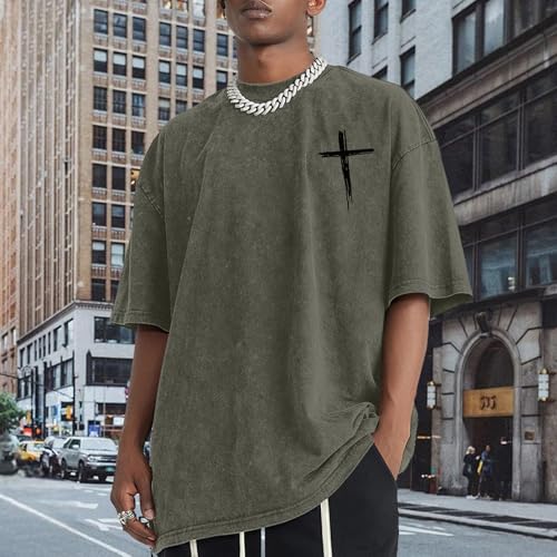 Mens Oversized Christian Shirts Jesus Faith Shirt Funny Gym Graphic Tees God Religious Bible Verse Acid Wash Tshirts - color: Army Green, size: Medium