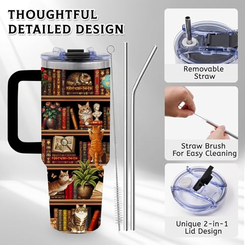 Cat Book Lovers Gifts for Women, 40oz Tumbler with Handle & Straw - color: BookshelfCat-Black
