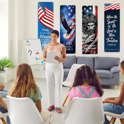 4 Pcs 4th of July Church Banners Independence Day Christian Banners with Scripture for Sanctuary Wall Worship Bible Verses Decor Welcome Church Religious Praise Hanging Signs(Blue,Nation) - size: 2 x 6 ft, style: Nation