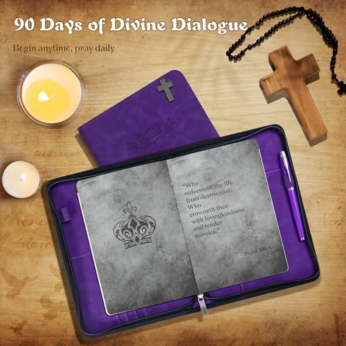 Ospelelf Purple Leather Prayer Journal with Zipper, A5 Travel Size Scripture Study Notebook with Inner Pockets for Stickers & Cards, Daily Devotional Planner for Women Men, Religious Christian Gift, Undated 3 Months - color: purple