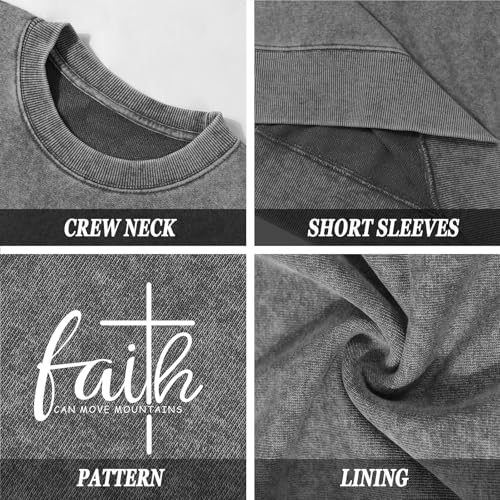 Christian Shirts for Women Faith Can Move Mountains Acid Wash Shirt Jesus Religious Bible Verse Long Sleeve Top - color: Gray, size: Medium