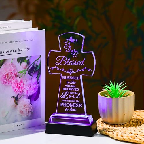 Qianwei Crystal Cross Blessed Inspirational Gift for Women - Religious Catholic Baptism Communion Confirmation Gift - Colorless - Tabletop Decor - color: Cross Bless-led