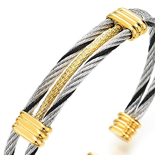 Men Women Stainless Steel Twisted Cable Adjustable Cuff Bangle Bracelet - color: H-Metal Color: Silver & Gold & Black