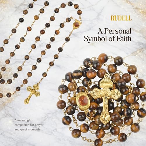 RUDELL Rosary Beads Catholic for Women - Rosary Necklace for Women with Pearl Beads - Medal Cross Saint Benedict Rosary for Men - Prayer Rosarios Catolicos Jewelry Gift - color: Tiger's eye