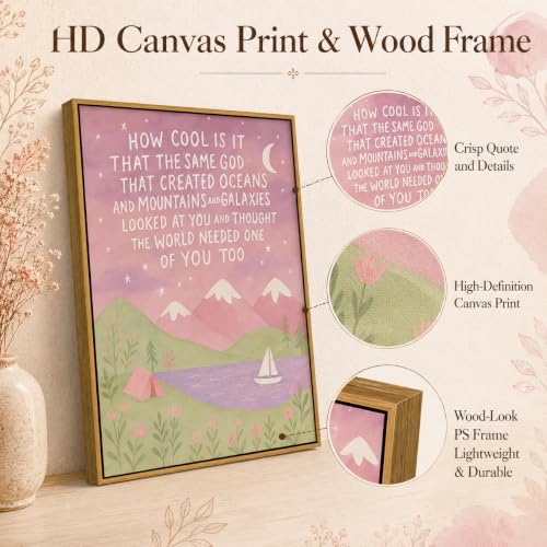 Inspirational Christian Bible Wall Art Nursery Mountain Wall Decor Inspirational Quote Poster Print Pink Canvas Framed For Christian Girly Dorm Girls' Room Gift For Girl home decor 12x16in - color: Pink, size: 16"L x 12"W