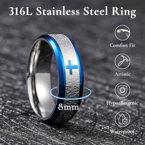 King Will Stainless Steel Men Ring Lord's Prayer Cross Ring Stainless Steel Men Wedding Ring, Wedding Band Bible Engraved Rings High Polished, Comfort Fit - color: Sliver&Blue