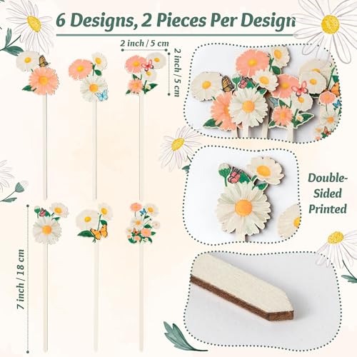 TICIAGA Daisy Flower with Butterfly Decorative Picks - 12PCS Double-sided Spring Daisy Wooden Picks for Farmhouse Home Vase Filler, Wildflower Floral Pick for Summer Holiday Decor Wedding Party Supply - color: Daisy With Butterfly