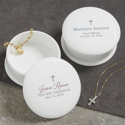 Personalization Universe God Bless Porcelain Personalized Keepsake Box - Customizable Jewelry Box for Baptism, First Communion, and Confirmation with Name, Message, and Date - Pink, Blue, Grey Options