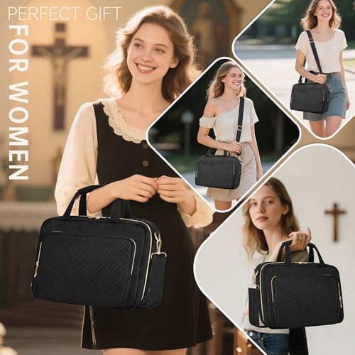 Bible Cover Case for Women Bible Study Supplies Christian Gifts for Women Church Camp Essentials Christian Bible Journaling Kit Quilted Large Bible Cover with Durable Handle (Black, Large) - color: Black
