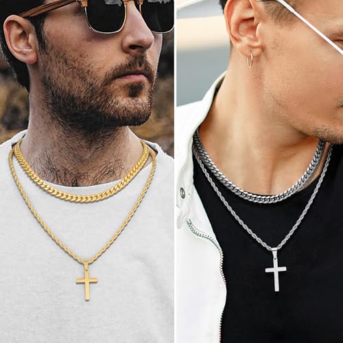 Romass 4Pcs Cross Necklace for Men Teen Boys,Stainless Steel Chains for Men Layered Necklaces Silver Gold Black Pendant Jewelry Box Gifts 18-24 Inches - size: Chain-20in/Necklace-22in, style: 4Pcs 1.7"* 1.4"pendant-Silver+Gold