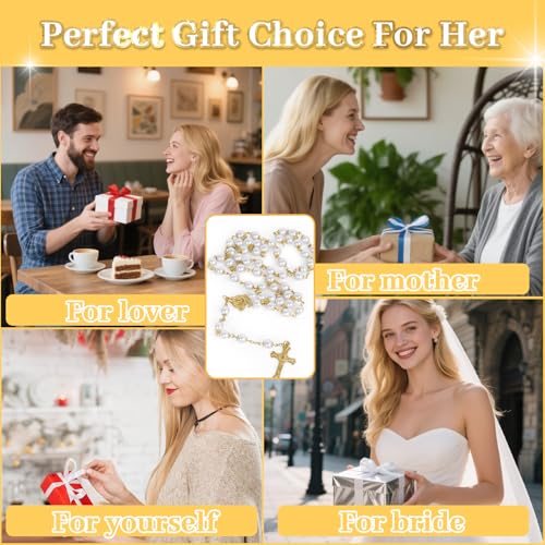 Rosary Necklace for Women, Cross Jewelry Pearl White Rosary for Women Men, Wedding Small First Holy Communion Gifts Rosarios Catolicos Rosary Beads, Pearl Necklace Catholic Chain for Mother