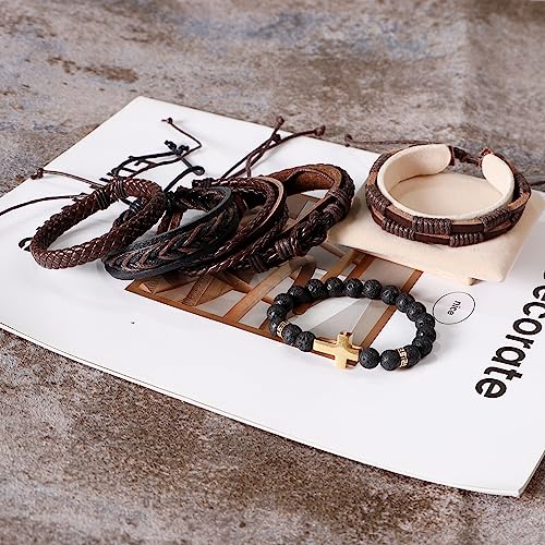 MILAKOO 6 Pcs Braided Leather Bracelet for Men Women Wooden Beaded Cuff Wrap Bracelet Adjustable - color: B: Brown