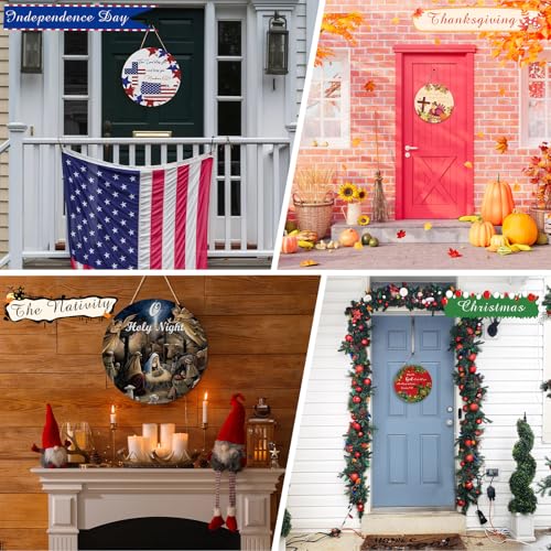 Geelin 12 Pcs Christian Seasonal Sign 12 Inch Easter Jesus He Is Risen Door Decoration Religious Cross Wood Wreath Spring Wall Hanging Art for 4th July Summer Outdoor Decor