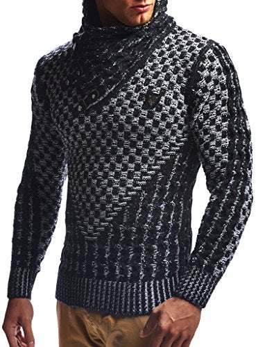 Leif Nelson Men’s Knitted Pullover | Long-Sleeved Slim fit Shirt | Basic Sweatshirt with Shawl Collar and Faux Leather - color: Black Ecru, size: 5X-Large