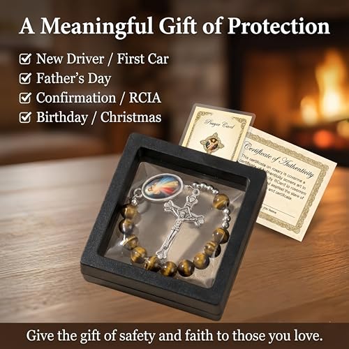 Catholic Pocket Rosary Decade – Natural Tiger Eye Stone Prayer Beads with Divine Mercy Medal & Metal Crucifix, Christian Pocket Rosary for Daily Prayer, Travel & Gifts