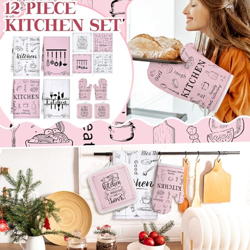 12 Pcs Farmhouse Pink Kitchen Decorations Sets 4 Pink and White Kitchen Towels 4 Absorbent Dishcloths 2 Pot Holders 2 Oven Mitts Gloves for Home Decorations Mom Gifts - color: Pink and White, style: Classic