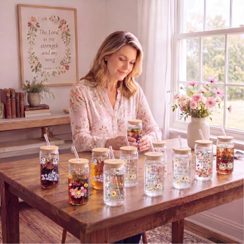 Teenyyou 24 Sets of Christian Gifts for Women Bible Verse Glasses Tumbler with Bamboo Lid and Glass Straw 16oz Inspirational Religious Coffee Cup for Birthday Christmas Faith Lovers Use & Home Decor - style: Bible Flowers