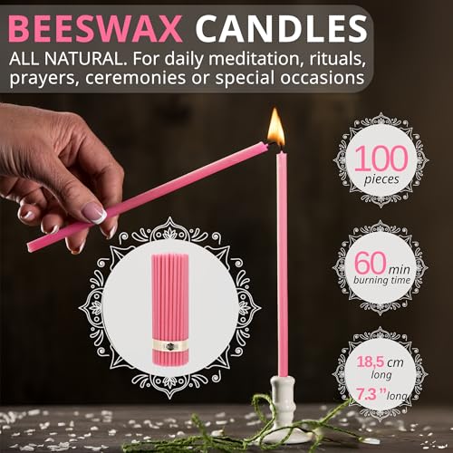 Danilovo Thin Taper Beeswax Candles - No-Drip, Smoke-Less, Tall, Decorative, Honey Scented Candles Ideal for Church Prayer, Rituals, Decor or Birthday – 7.3”x0.24” (Pink, 100pcs) - color: Pink