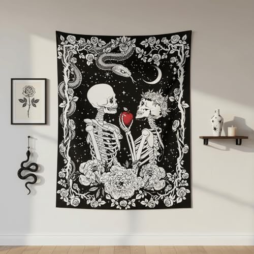 Accnicc Skeleton Lovers Tapestry Gothic Skull Vertical Tapestries Wall Hanging Black and White Floral Plant Snake Horror Small Tapestry for Bedroom Living Room Dorm 48 x 36 inch - color: Black, size: 48"L x 36"W