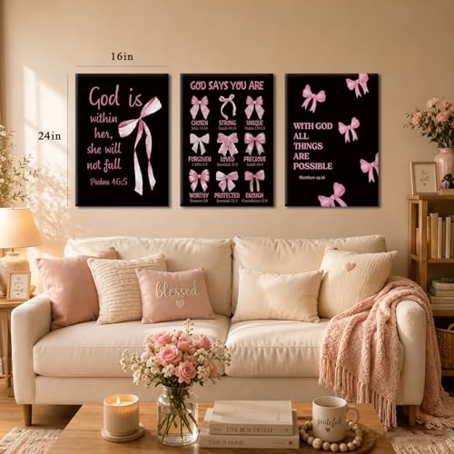 CXQILVER Pink Bow Christian Canvas Wall Art Set of 3, Trendy Preppy Pink and Black Inspirational Scripture Wall Decor Cute Coquette Bible Verse Posters for Girls Bedroom Bathroom Dorm 16x24in Framed - color: Black bow, size: 24"L x 16"W
