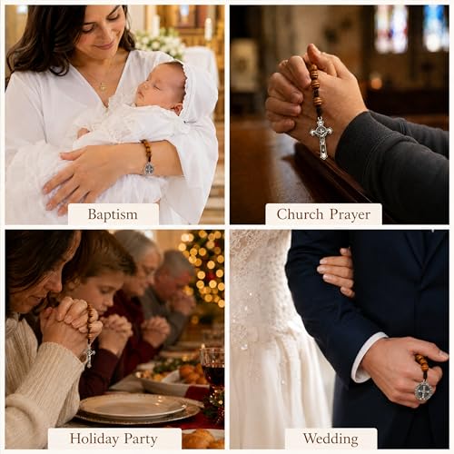8 Inch Wooden Pocket Rosary for Men, Rosario with Saint Benedict Medal - color: Silver