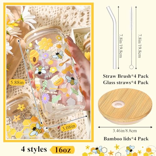 Mumufy 4 Pack Honey Bee Floral Glass Cup, 16 oz Tumbler Mug with Bamboo Lid - style: Honey Bee Floral