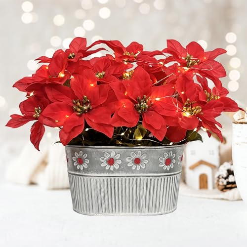 Christmas Poinsettia Table Centerpiece - Rustic Metal Pot with LED Lights, Festive Artificial Floral Arrangement for Holiday Home Décor, 1 Pack