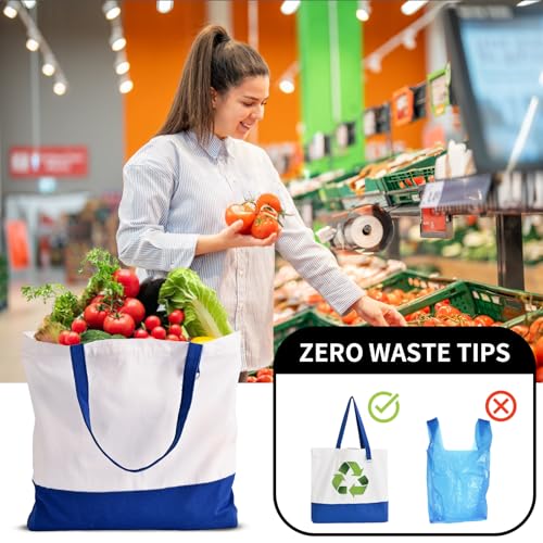 6-Pack Canvas Tote Bags with Zipper, Large Grocery Tote, Royal Blue - color: Royal Blue/White