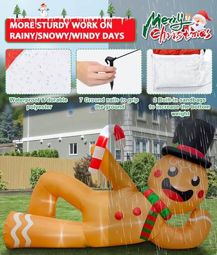 EAONE 10FT Christmas Inflatable Outdoor Decoration, Giant Christmas Blow Ups Yard Decorations Inflatable Gingerbread Man Lying Flat with Built-in LED Lights for Garden, Lawn, Home Xmas Holiday Decor - color: 10 FT Inflatable Gingerbread Man Lying