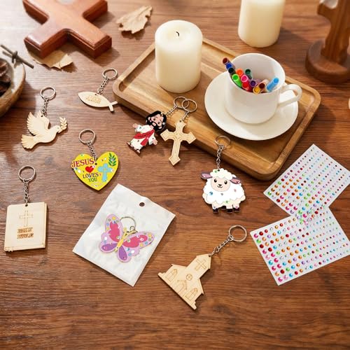 36 Sets Christian Wood Craft Kits Color Your Own Jesus Religious Keychains - color: Christian Color Your Own Keychains