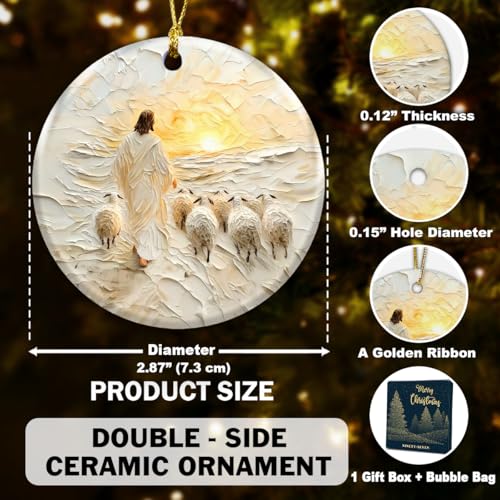 Jesus Leads Lost Lambs Ornament 2025 - Christianity Good Shepherd - Christian Christmas Ornament for Tree - Religious Gifts for Women & Men - Christian Religious Ceramic Ornament